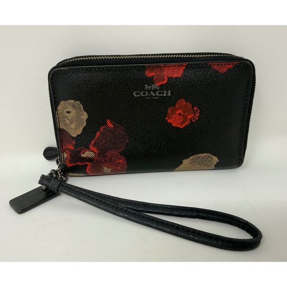 Coach Handbags - Coach Floral Poppy Double Zip Around Wristlet Wallet Black Red Leather